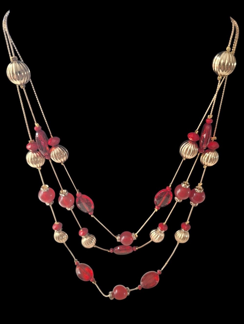 Elegant Multi-Strand Red & Gold Beaded Necklace